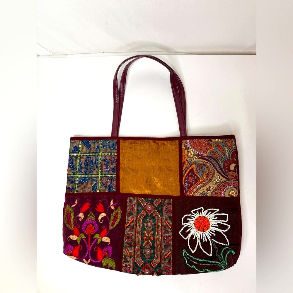 Christiana Colorful Patchwork Beaded Tote with Floral Design